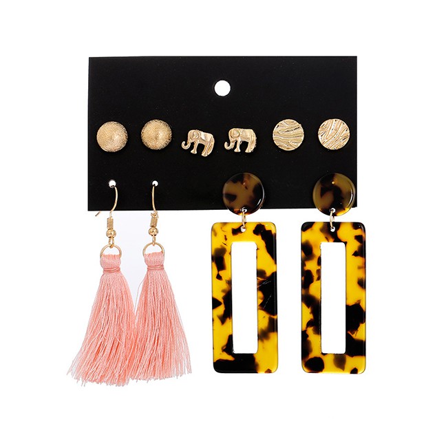 LRC Anting Set Fashion Gold Baby Elephant Acrylic Leopard Acetate Tassel Earrings Set F76194