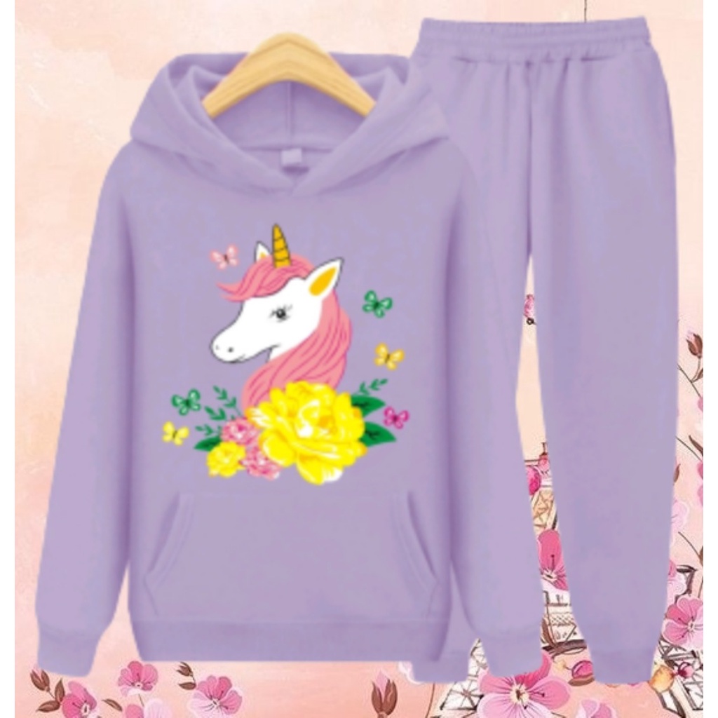 Setelan Sweater Hoodie Anak Perempuan Lengan panjang dan Celana panjang Terbaru 2022 Stelan Anak Cewek Kekinian Murah Korea Style Size S 4 5 6 Tahun M 7 8 9 Tahun XL 10 11 12 Tahun Unicorn