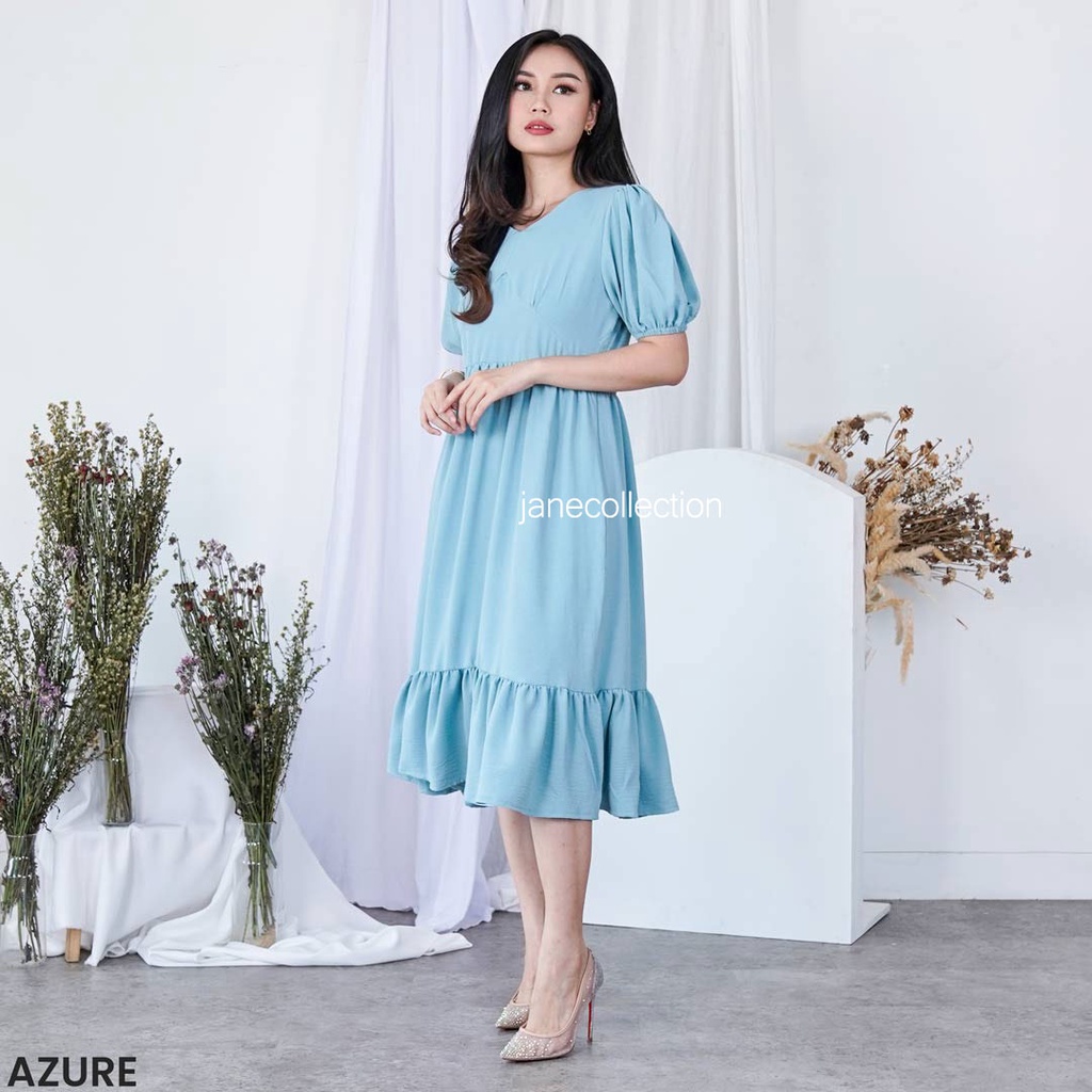 JANE COLLECTION || Midi Dress Wanita Hitam Lengan Balon Ada Karet Panjang Selutut V Neck XL Mila Layer Dress Putih Sage Green Biru Pink