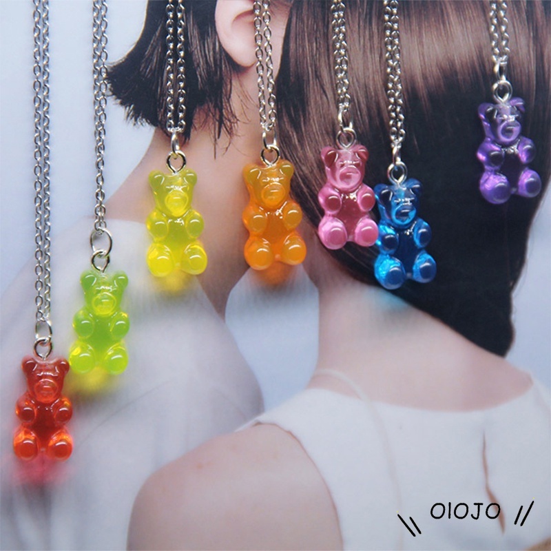 Transparan Beruang Bulat Rantai Kalung Liontin Resin Kartun Warna Cerah Fashion Jewelry - Ol