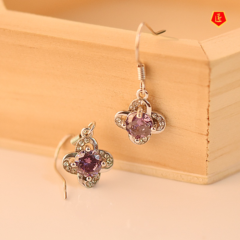 [Ready Stock]Elegant Personality Clover Purple Diamond Earrings for Women