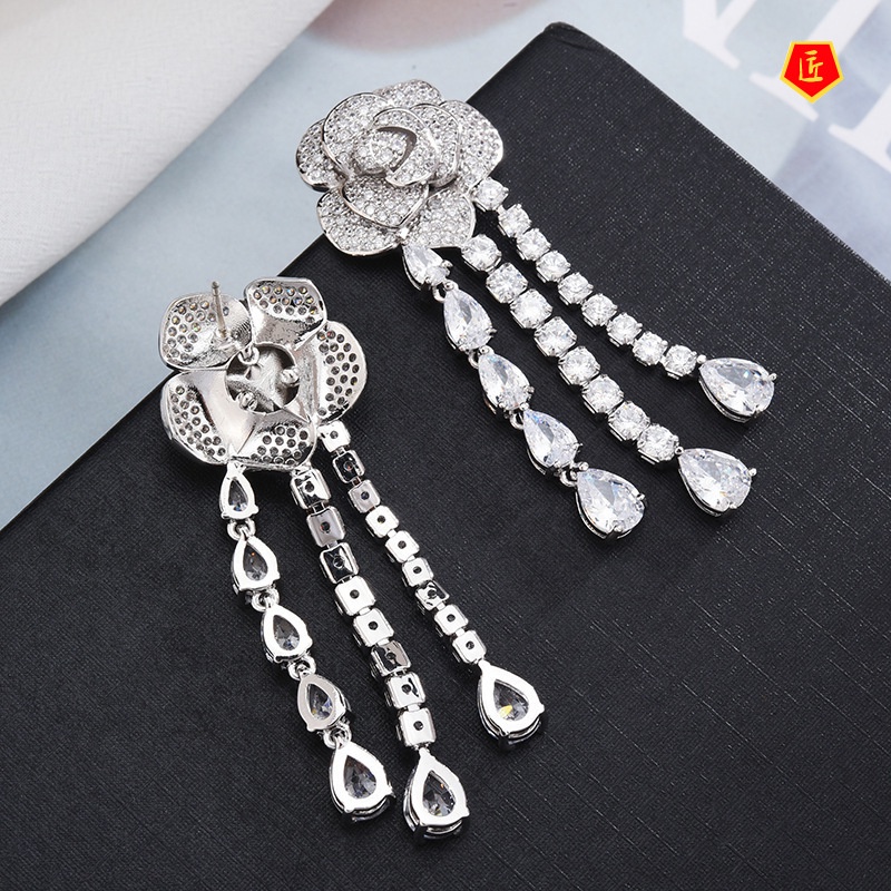[Ready Stock]Long Camellia Tassel Earrings Fashion