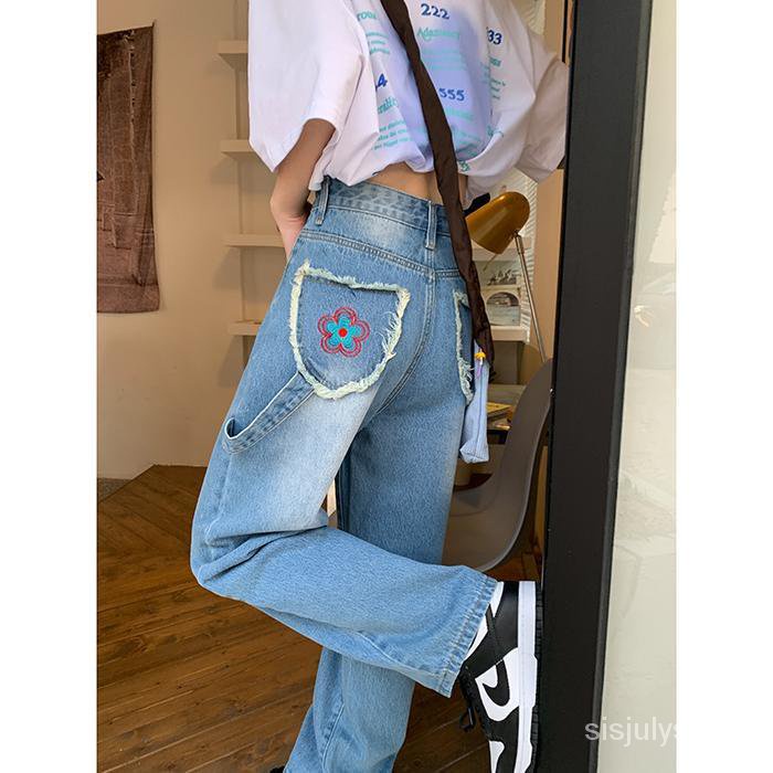 #Sisjuly# Celana jins biru wanita baru longgar lurus gaya korea pelangsing celana kaki lebar pinggan