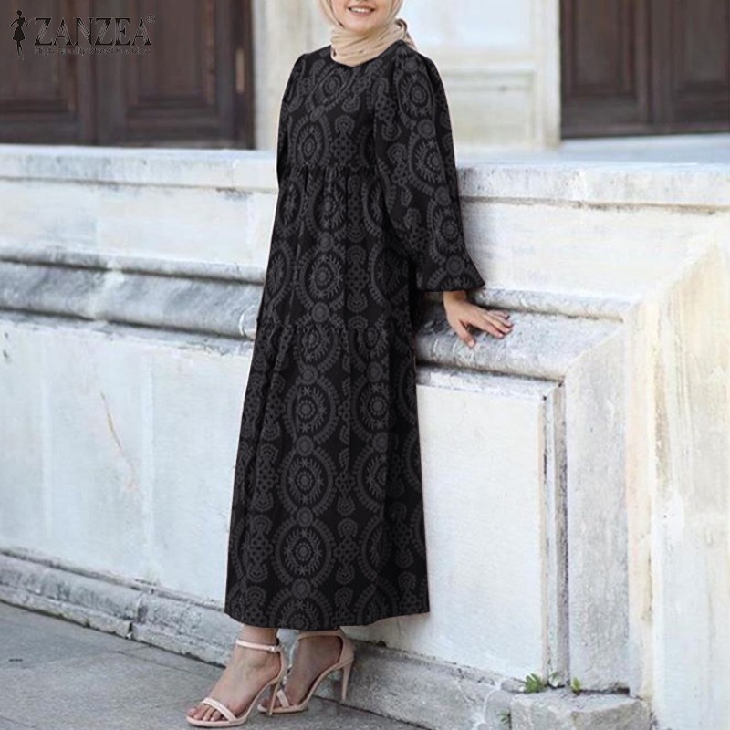 ZANZEA Women Printed Patchwork Puff Sleeve Muslim Long Dress