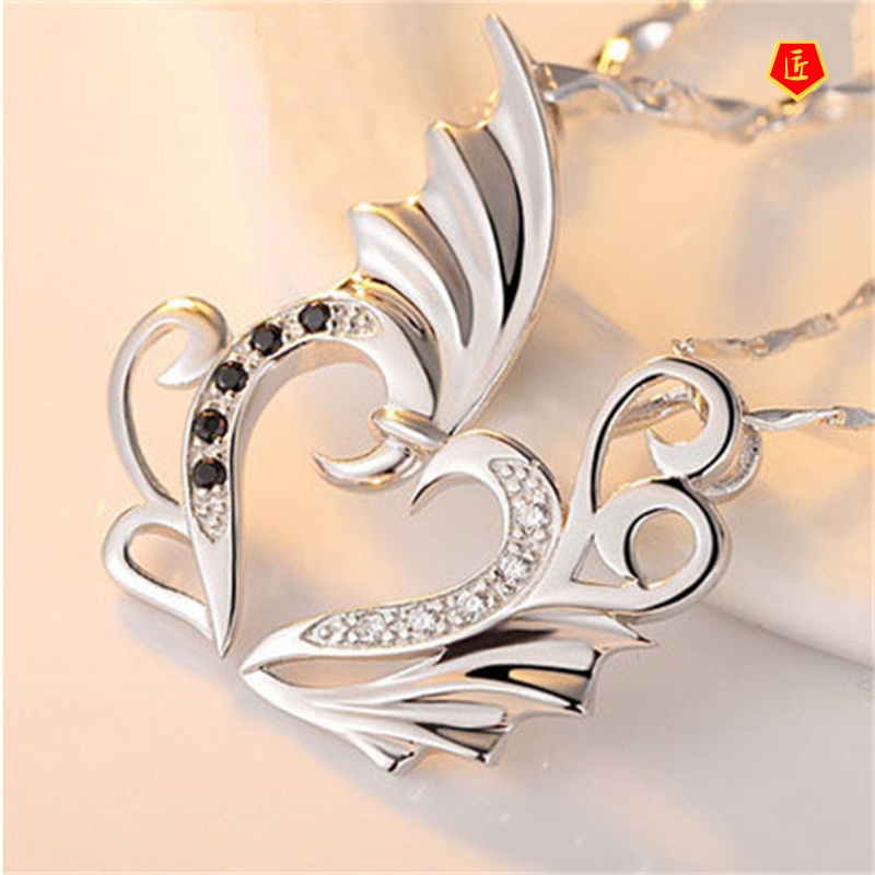 [Ready Stock]925 Silver Angel Love Heart-Shaped Couple Necklace Elegant Fashion