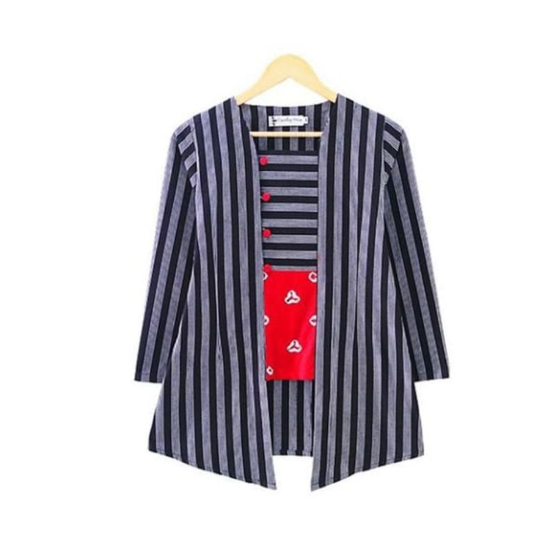 Blus Kutubaru Baju Batik Kerja Lurik Kombinasi Jumputan Merah Lapis Tricot