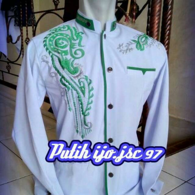 BAJU MUSLIM PRIA JASKO PRIA JASKO KOMBINASI JASKO FLAT/ JASKO PUTIH LIS HIJAU MOTIF BORDIR