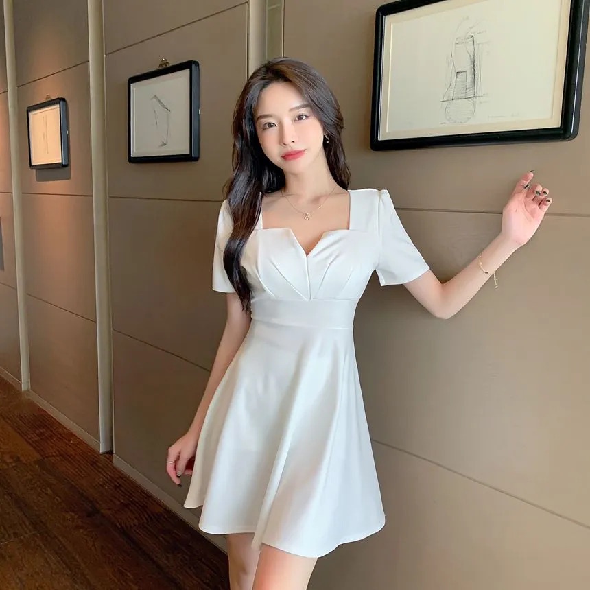 Korean Short Sleeve Square Neck Mini Dress Wanita Lengan Pendek 1405 (S/M/L/XL)