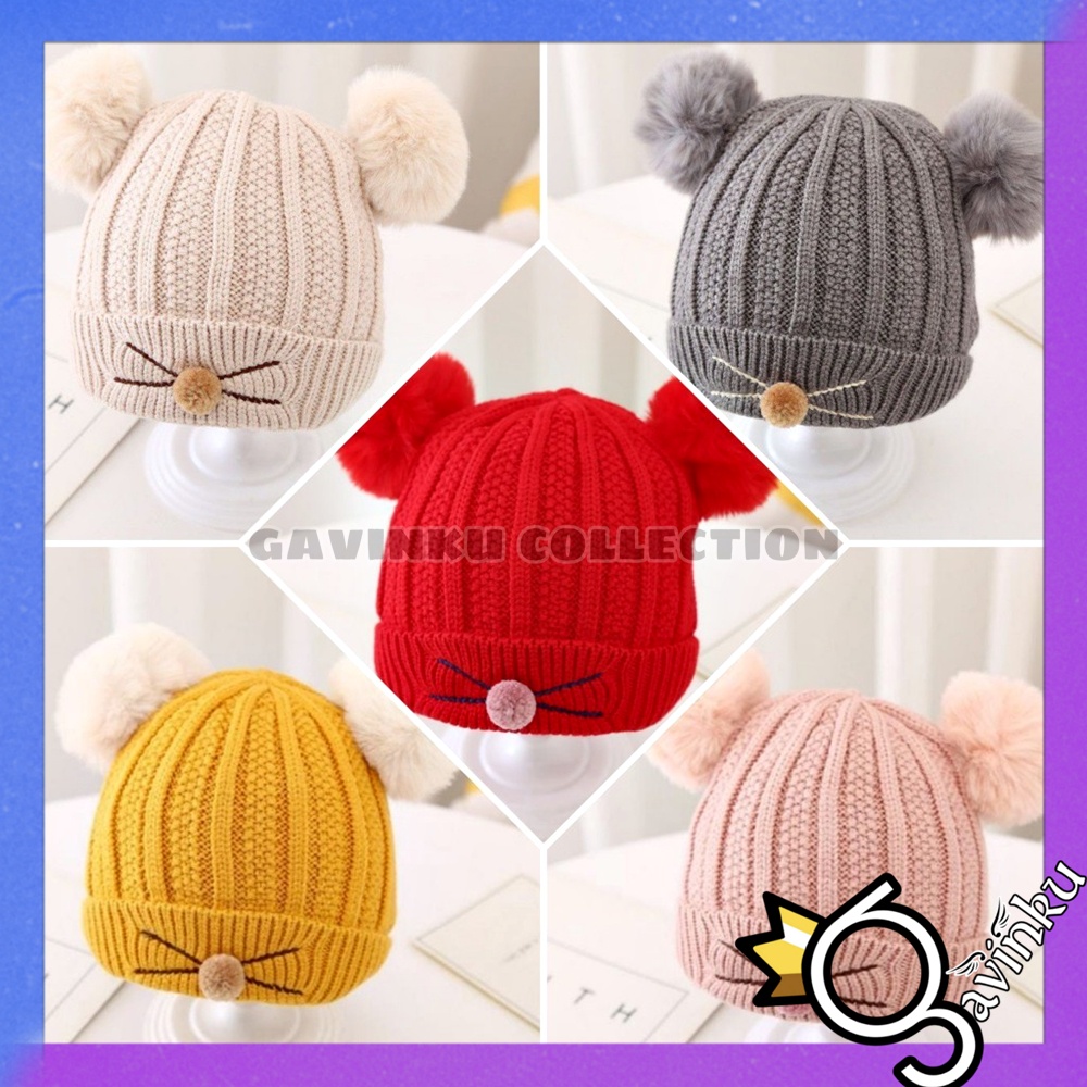 Topi Anak Laki Laki Perempuan Kupluk Bayi Model Pompom Cat Usia 0 3 6 bulan umur 1 2 3 Tahun thn Motif Kucing Kelinci Karakter Lucu Rajut Musim Dingin