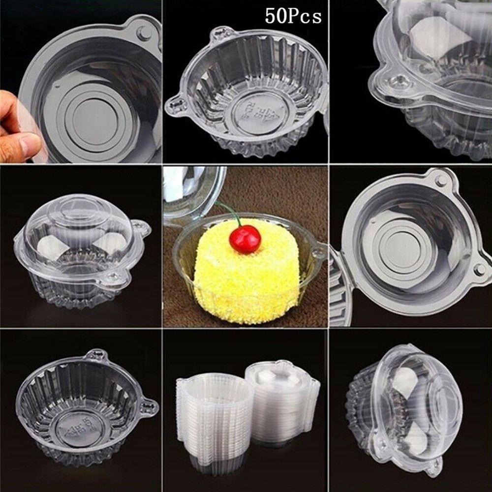 Populer 50pcs Plastik Cupcake Dapur Sekali Pakai Transparan Dessert Cups Cases Set