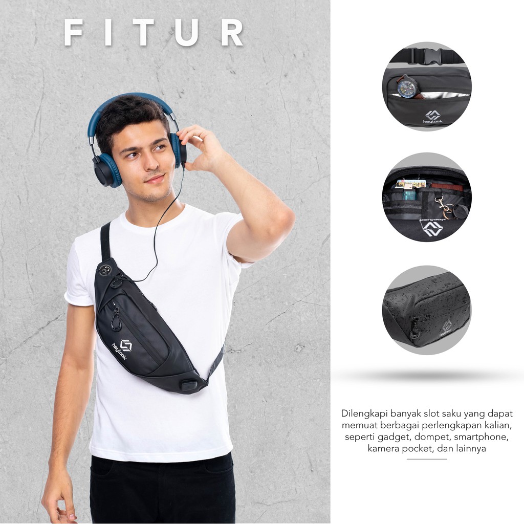 HEYLOOK Project - Waist Bag CRUIZE Waterproof Tas Selempang Pria Slingbag USB Connector Anti Sobek Anti Maling Anti Air Sling Bag Cowok Waistbag Distro Tas Pinggang Terbaru