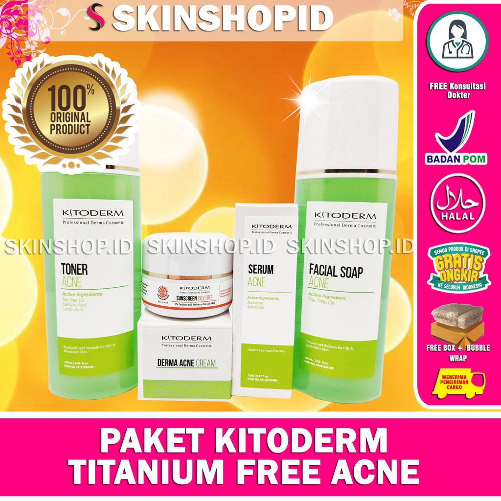 PAKET Kitoderm Titanium Free Acne Original / Paket Anti Jerawat Meradang dan Bopeng isi 5 BPOM Aman