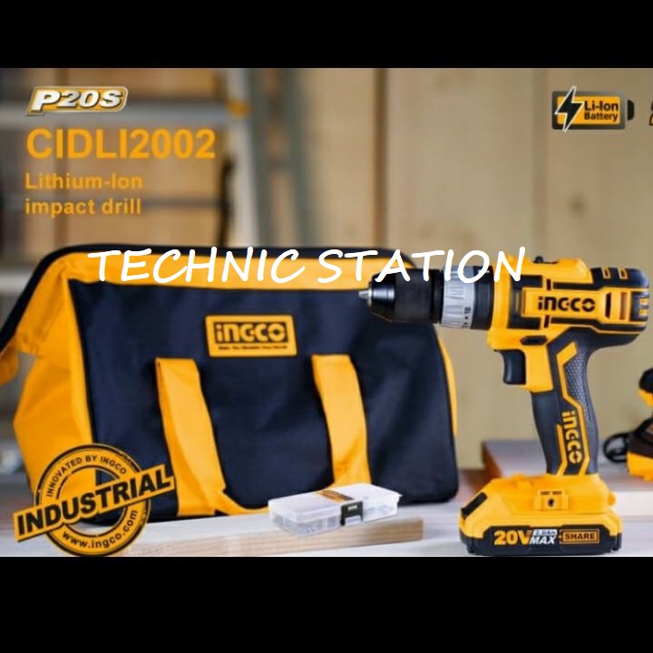INGCO Cordless Hammer Drill CIDLI2002 BOR BATERAI BETON 10mm 20V Set