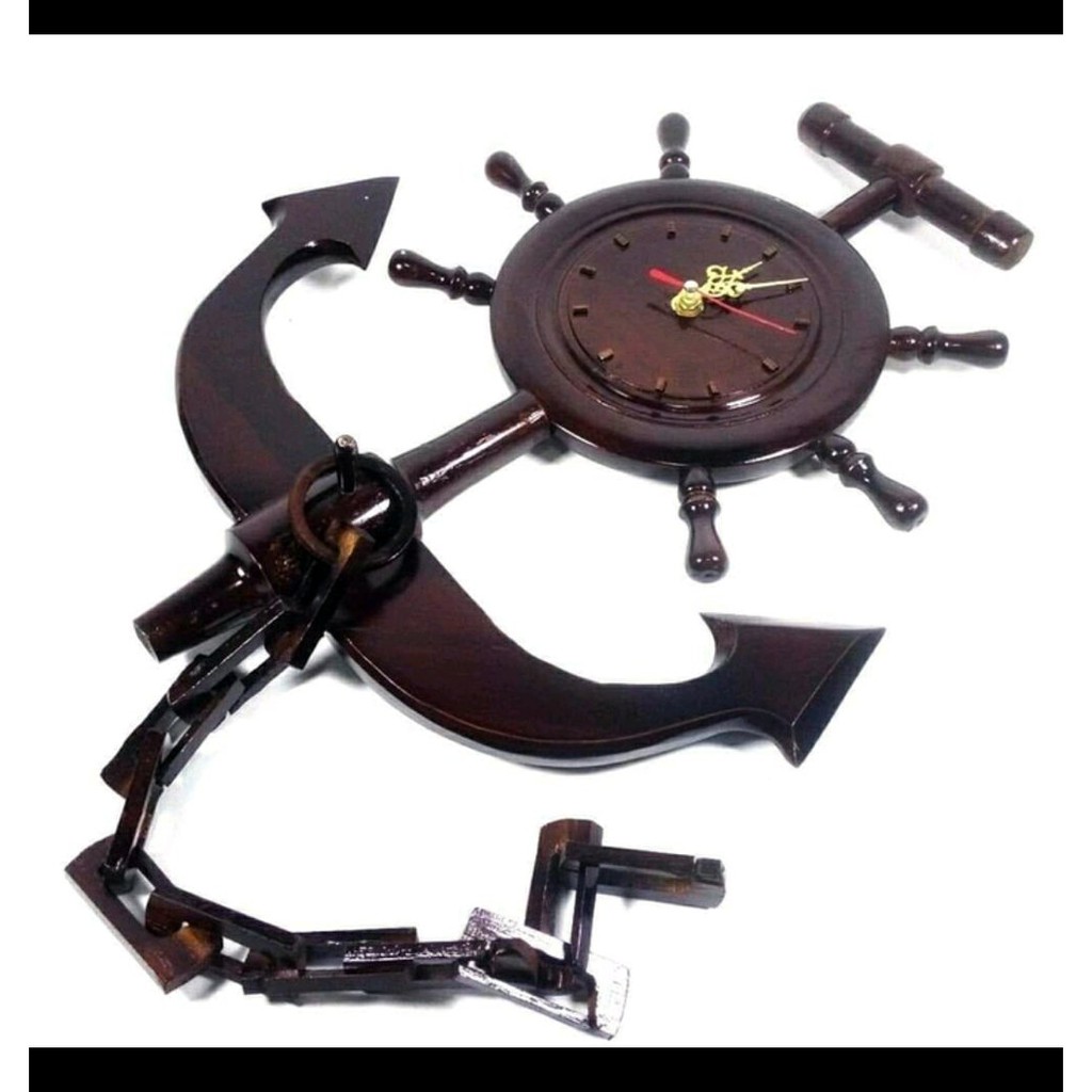 JAM DINDING MODEL JANGKAR KAPAL BAHAN KAYU JATI - PAJANG UNIK MURAH Termurah
