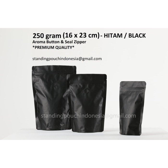 

t01thy Kemasan Kopi Standing Pouch 250G (Valve + Zipper) Hitam *Premium* Ds20X11