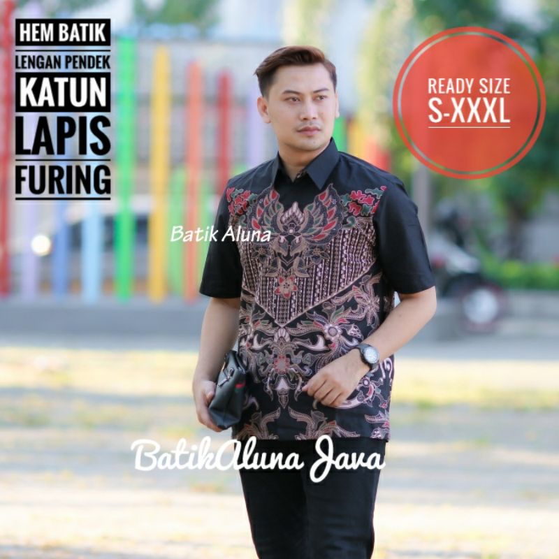 Hem batik katun premium warna hitam lengan pendek lapis furing terkini batik aluna java free masker 