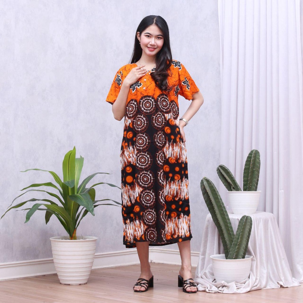 Daster Batik Lengan Pendek - Motif Daun - Leher Kancing (DPT001-133) Batik Prass-LAYLA KUNING