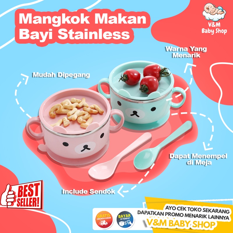 VnM031 | Mangkok Bayi Stainless Anti Tumpah Dengan Sendok dan Tutup / Perlengkapan Makan Bayi