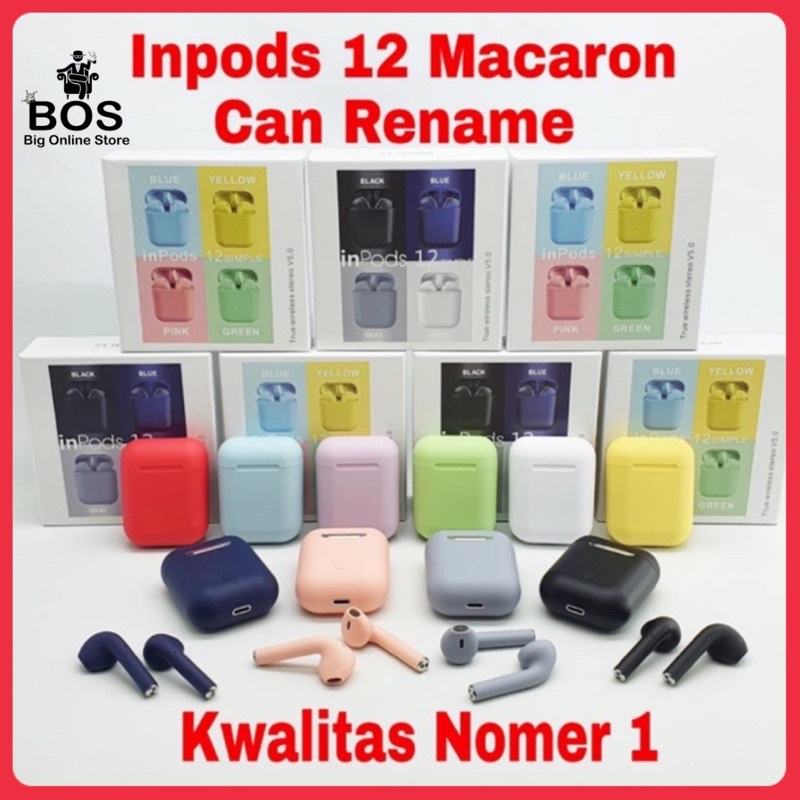 BOS - i12 TWS Macaron | Earphone Wireless Bluetooth HiFi Warna Warni HF Henset Handsfree Makaron