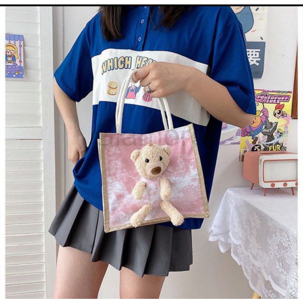 ￼TERLARIS TAS KANVAS Boneka 3D IMPORT MOTIF LUCU TERMURAH HANDBAG 8037- souvernir Hand bag Tote beat teddy bear lucu 3D