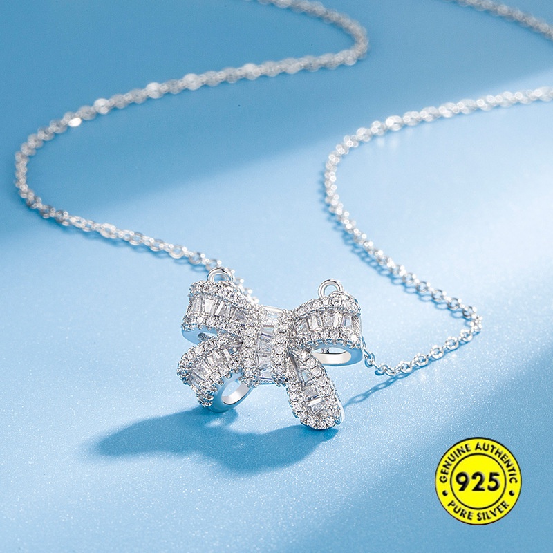 Kalung Desain Pita Aksen Berlian Imitasi Bahan S925 Silver Untuk Wanita