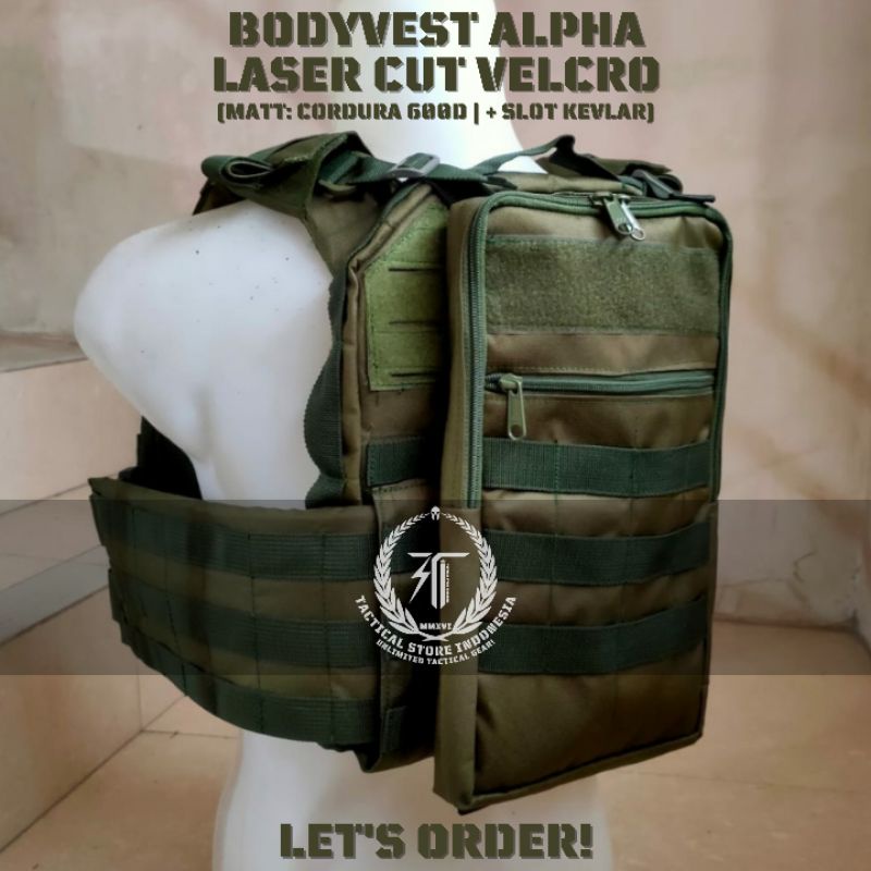 Body Vest Laser Cut Velcro - Green / Hijau - Bodyvest Rompi TNI Polisi Brimob Alpha Version - Rompi Anti Peluru