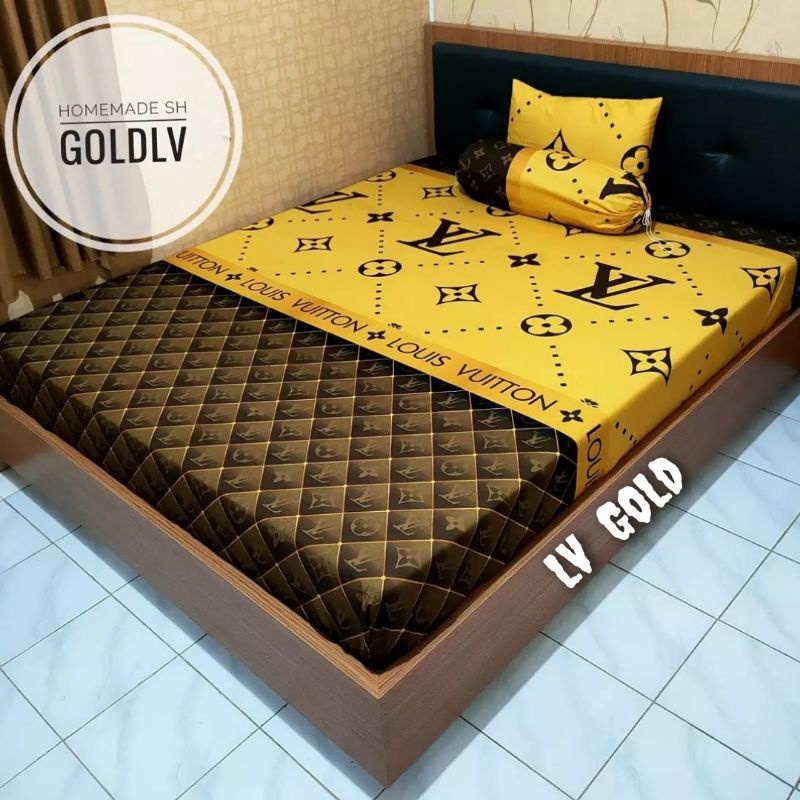 Sprei homemade bahan katun lengkap sarban sargul motif LV Gold