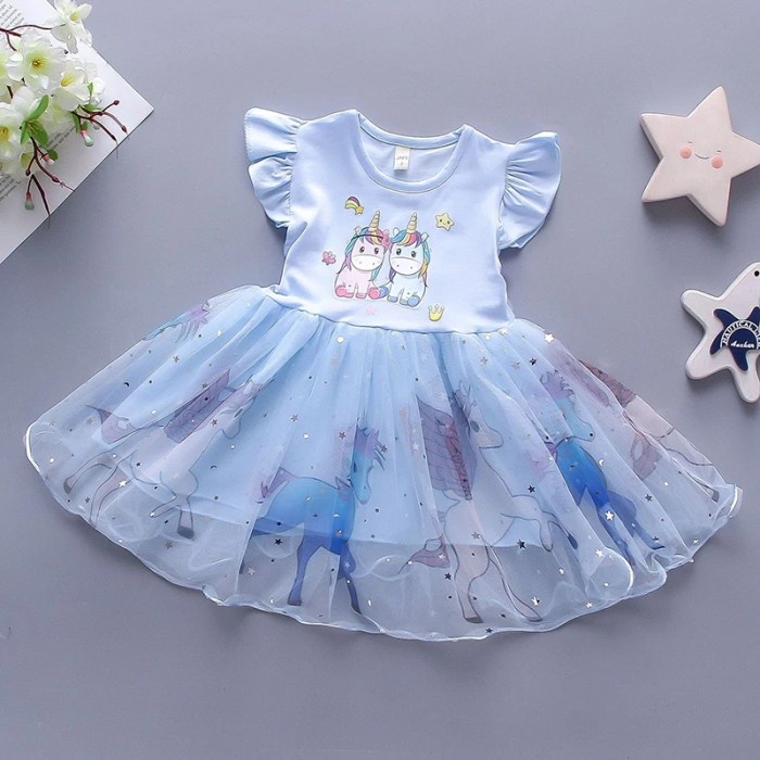 dress anak unicorn / dress anak cewek / dress anak import 1 - 7 tahun - Biru, 1 tahun.