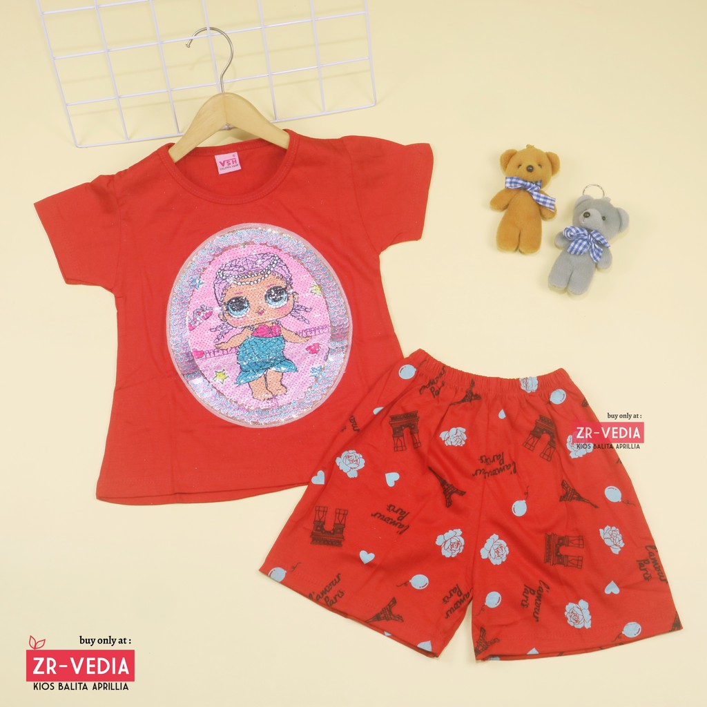 Setelan Queena uk 1-6 Tahun / High Quality Baju Anak Perempuan Lengan Kartun Pendek Cewek Kaos Usap