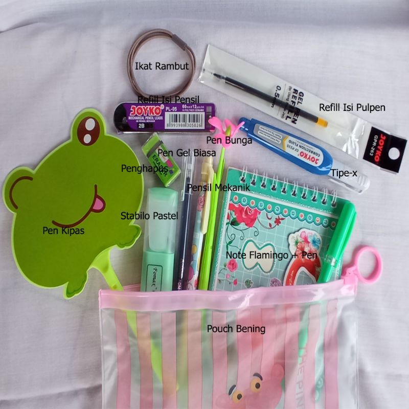 

Paket Alat Tulis Anak Sekolah Pulpen Gel Karakter Stabilo Pastel Pouch Zip Bening Note Flamingo Pena