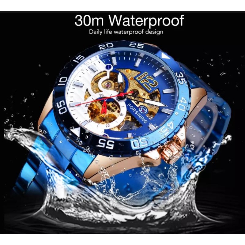 Jam Tangan Pria Original Automatic Forsining Sporty Luxury Skeleton Bisnis Blue