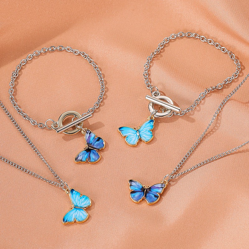 [ACKER] Gradien Kupu-kupu Gelang Mori Multicolor Klavikula Rantai Kalung + Gelang Set Untuk Wanita Fashion Aksesoris