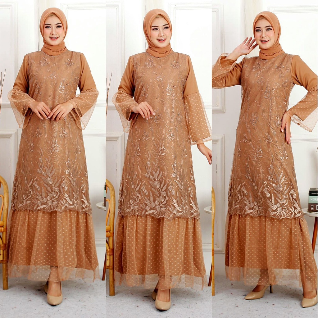 Gamis Bilqis Brukat Tile Mix Tille Dotty Maxi Dress Fashion Muslim Mewah Pesta Kondangan Murah