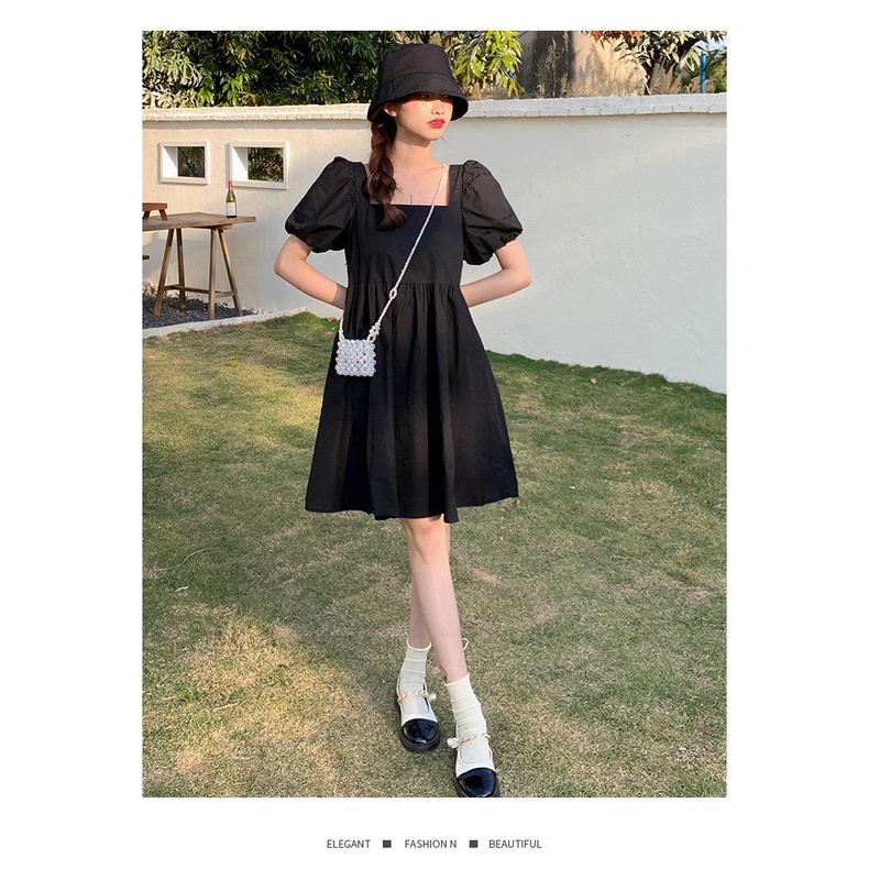 [littlecrab] Dress Square Neck Lengan Balon Simple Polos Orange Hitam Dress Bahan Berkualitas Lembut Elegan Dress Pendek Korean Style Simply Aesthetic