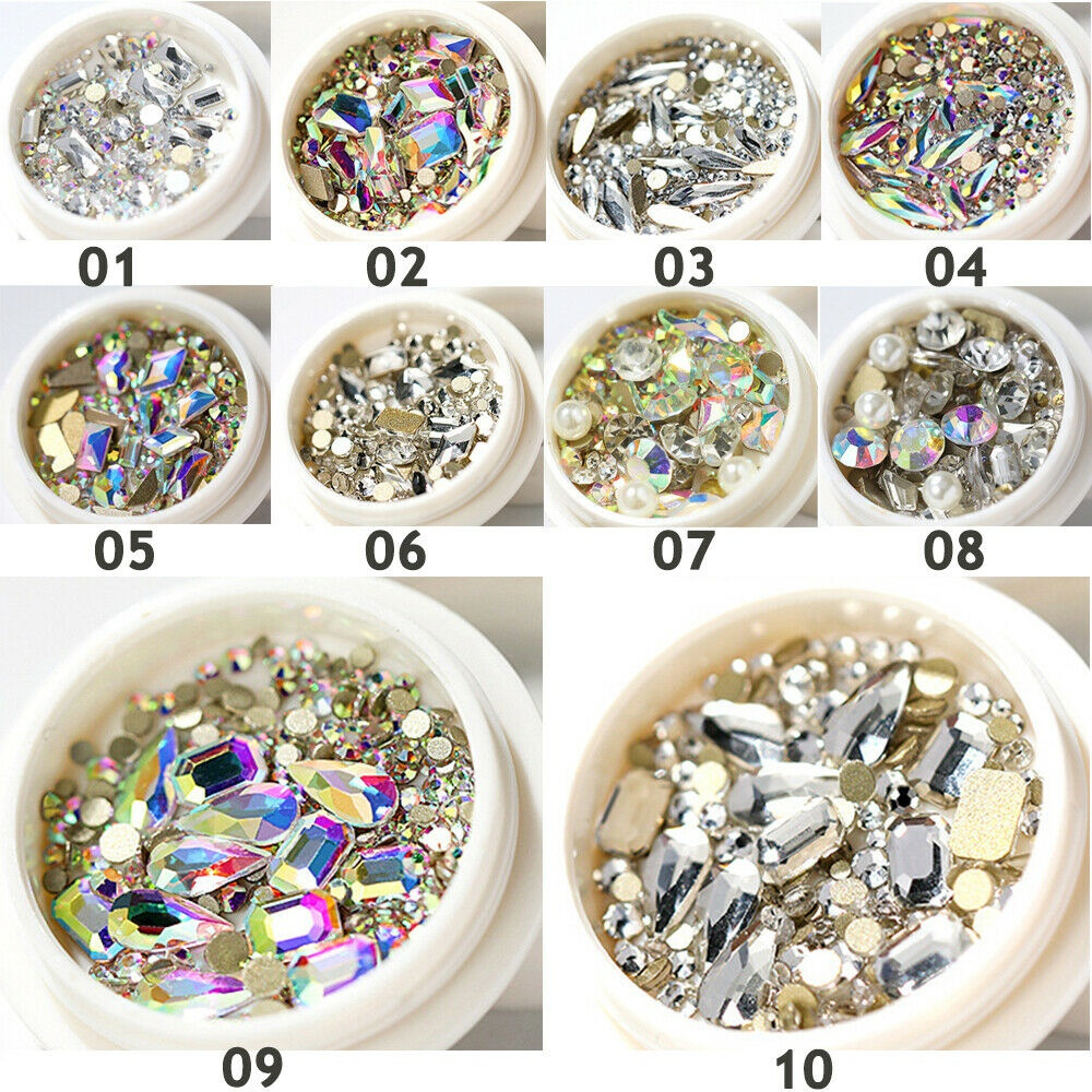 【COD Tangding】1 Box 3D Glitter Rhinestones AB Flat Back Stones Nail Art Decor Gems Mixed Size