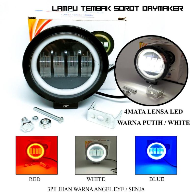 Lampu Tembak Daymaker 4 Mata Model Bulat LED CR7 Lensa 6D Angel Blue 40Watt Mobil Motor