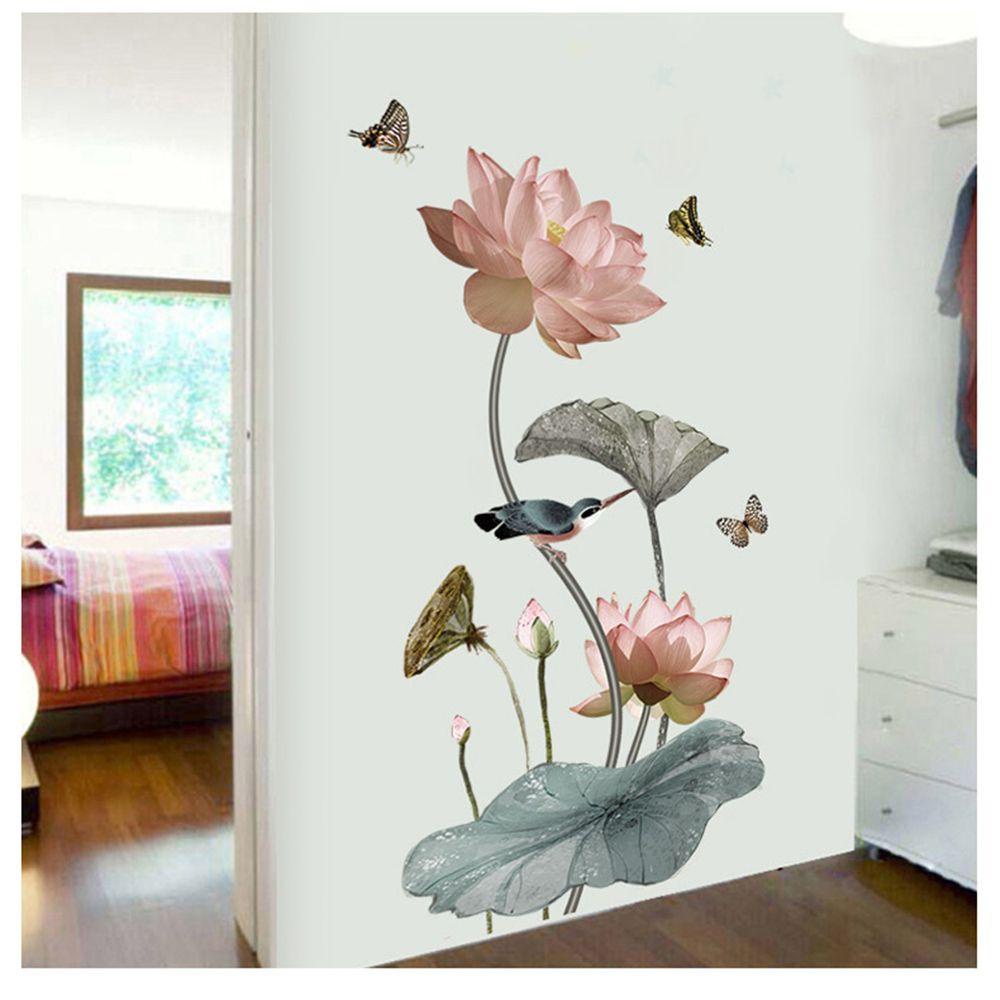 R-flower Lotus Flower Stiker Dinding Asrama Kamar Tidur Ruang Tamu DIY Besar Art Mural