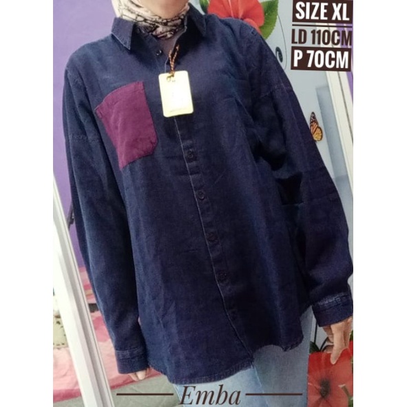 Emba XL Original blouse jumbo wanita remaja perempuan atasan branded cream jeans denim lengan panjan