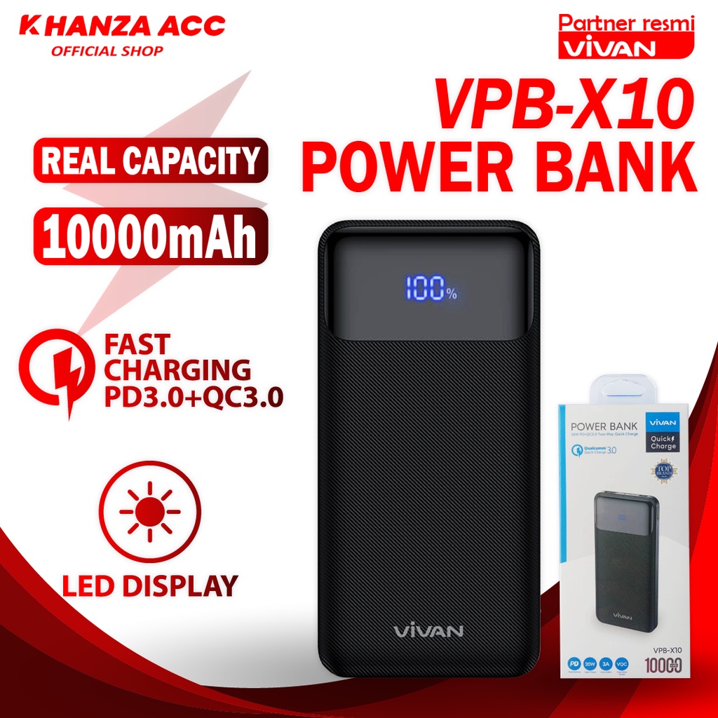 KHANZAACC VIVAN VPB-X10 PowerBank 10000mah 20W 3 Output Dual Input Port Type C &amp; Micro USB