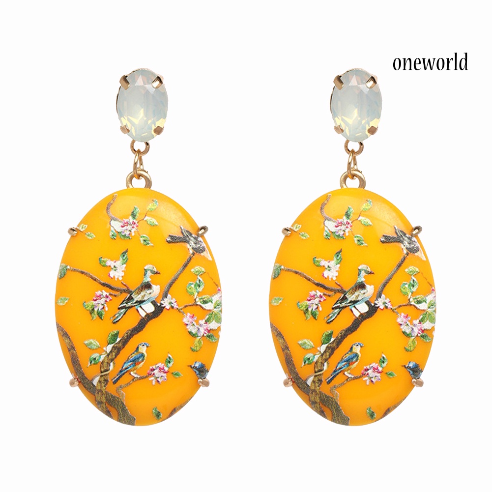 OW@ Retro Women Floral Oval Faux Gemstone Dangle Earrings Eardrop Party Jewelry