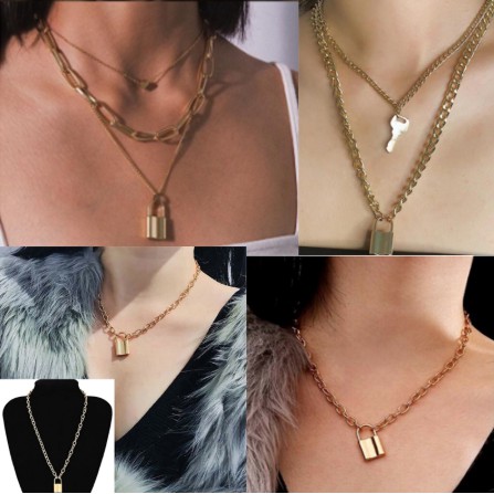 YEEZII Fashion Korea Retro Emas Kalung Kepribadian Sliver Pendant Lock Multilayer Rantai Perhiasan Aksesoris Hadiah