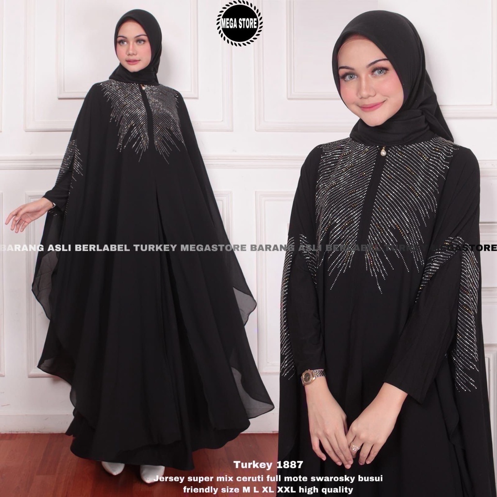 TURKEY 1887 Gamis Abaya Dress Dubai Arabian Style warna Hitam Wanita Ibu ibu Remaja Untuk Pesta Kond