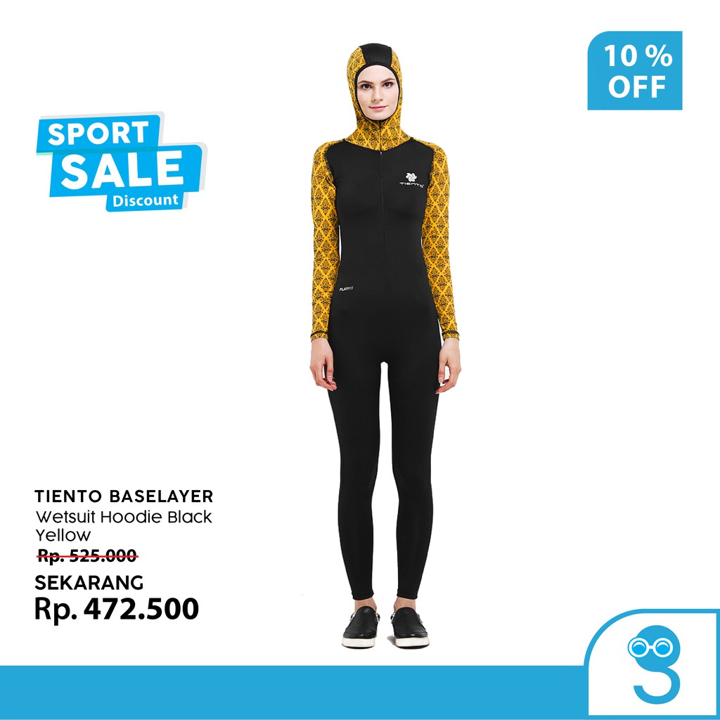 Tiento Black Yellow Wetsuit Hoodie Baju  Celana Renang 