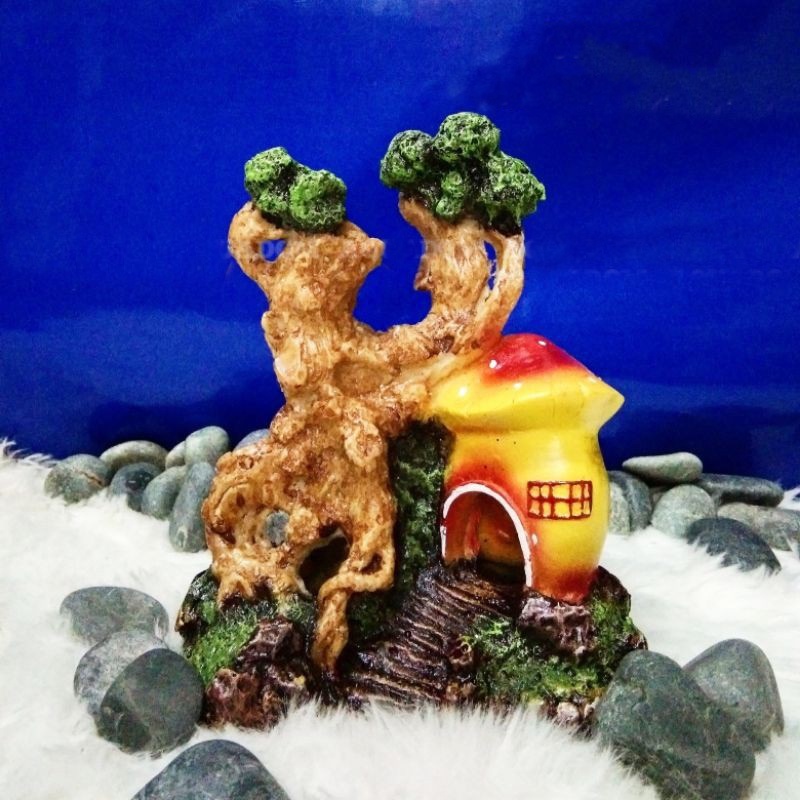 hiasan aquarium rumah pohon jamur, hiasan aquarium jamur pohon, pohon jamur aquarium, jamur pohon aq