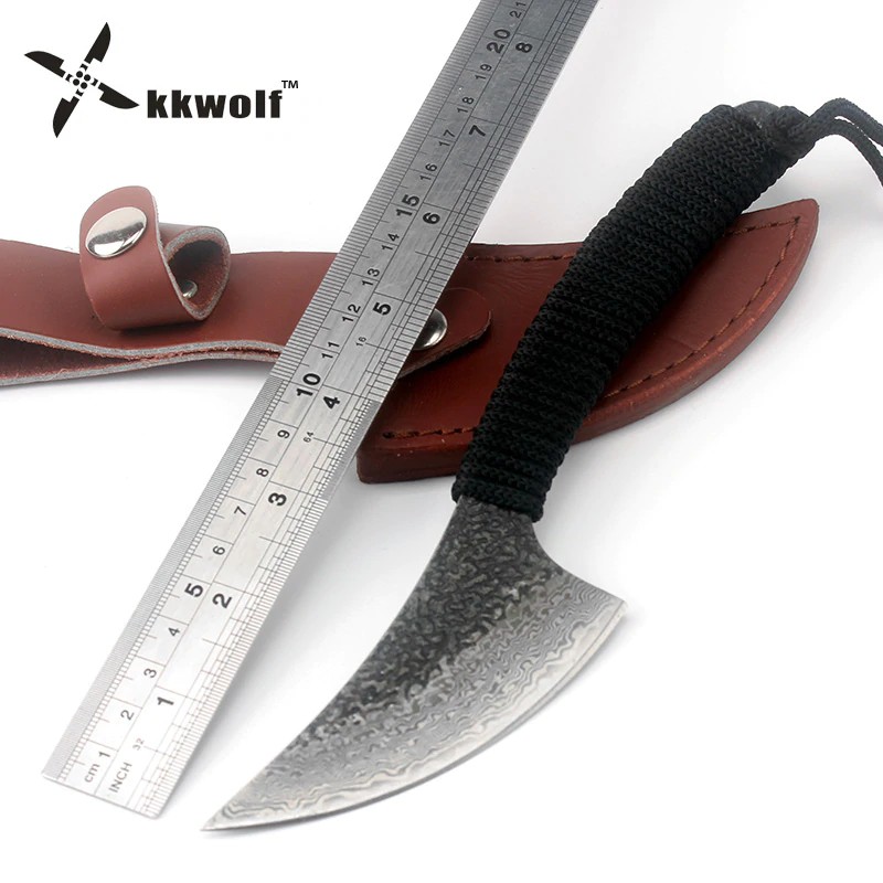 KKWOLF Sharp Handmade Damascus Steel hunting knife Camping Tactics fixed straight knife outdoor