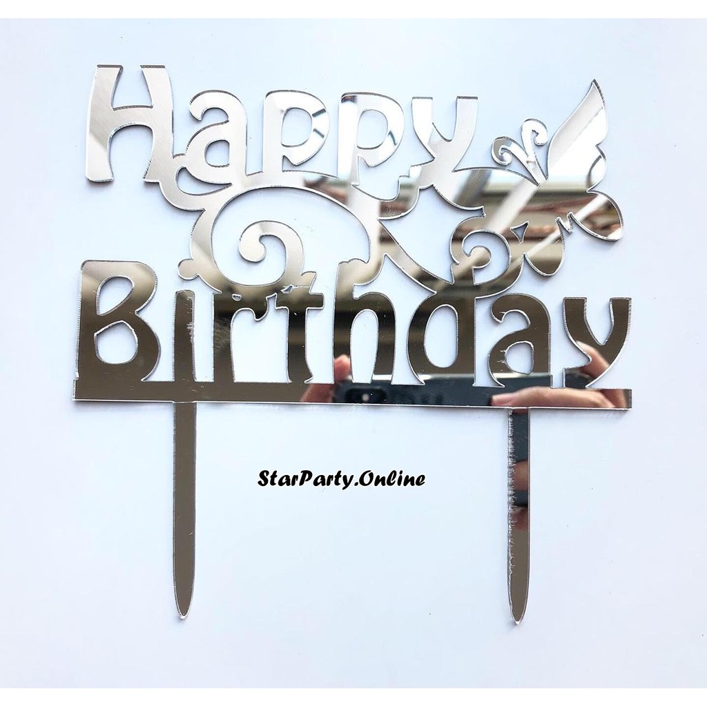 Topper Acryliic HBD Jumbo Besar Kupu Silver/Emas /Cake Topper /Hiasan Kue /HIasan Tusuk Kue