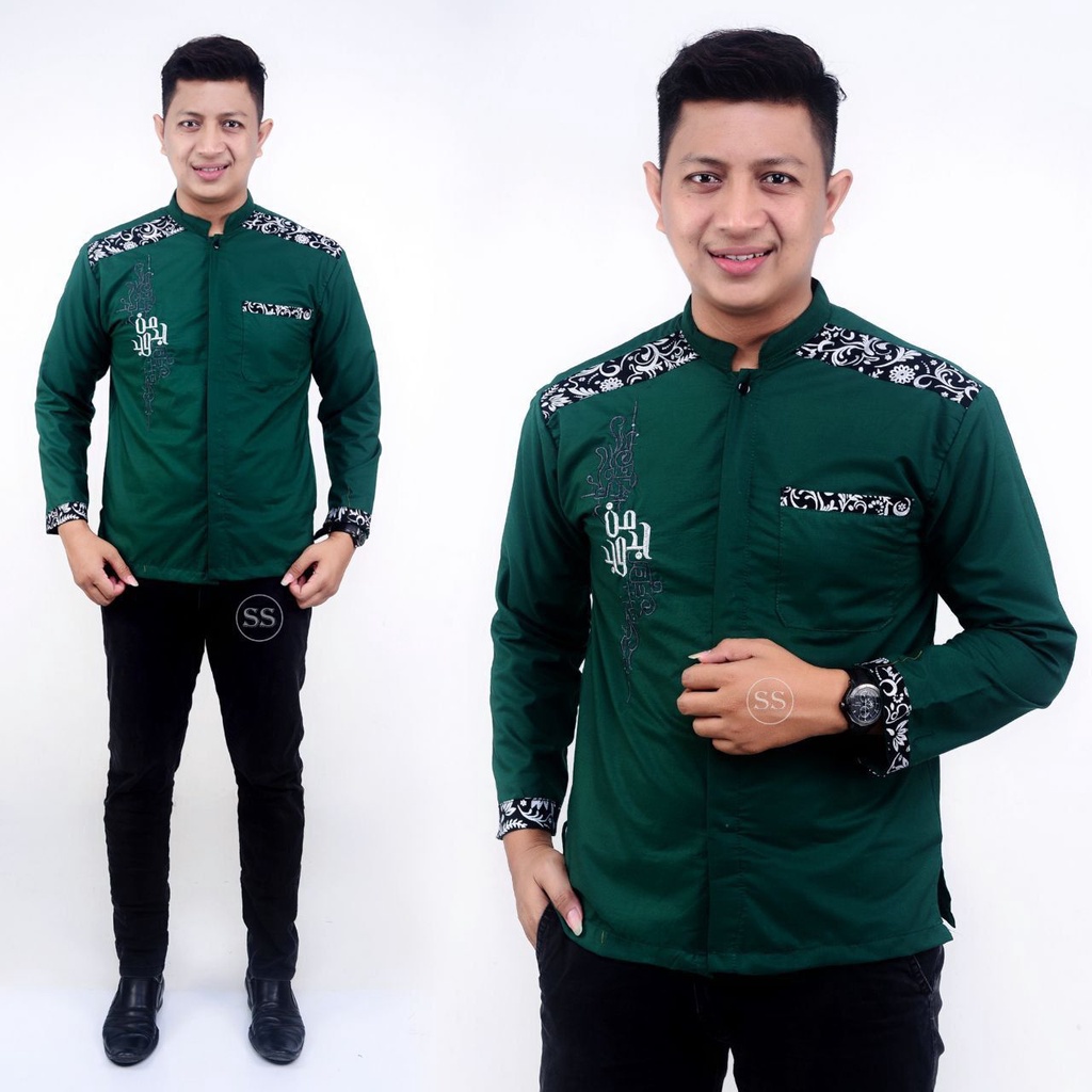 Baju Koko Pria Lengan Panjang Marun Abang Njembrang Motif Batik Kembang Bordir Modern 2022 Bahan Katun Adem Nyerap Keringat