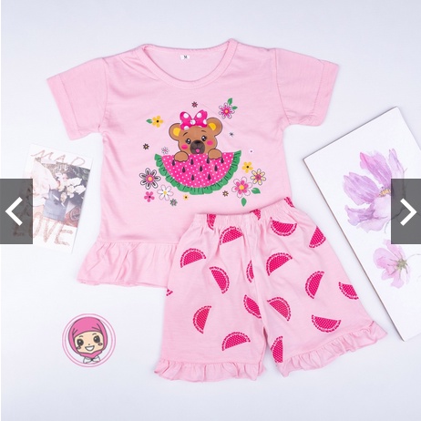 Setelan Ruffle Set Karakter / Setelan Anak Perempuan Gambar Karakter Kartun