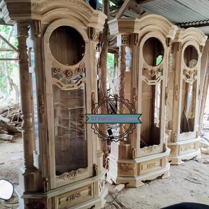 Jam Masjid besar ukir Jepara - lemari jam mawar kayu jati mentahan