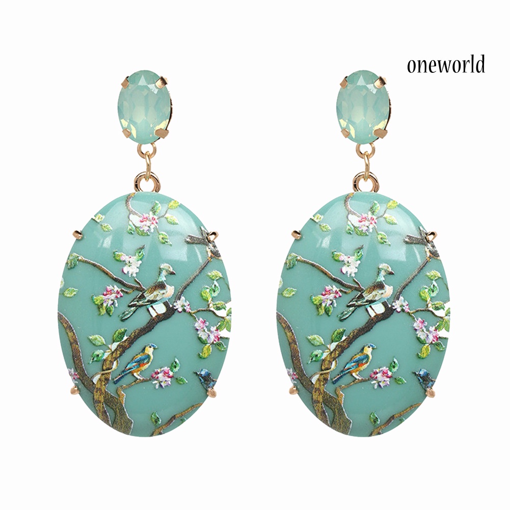 OW@ Retro Women Floral Oval Faux Gemstone Dangle Earrings Eardrop Party Jewelry